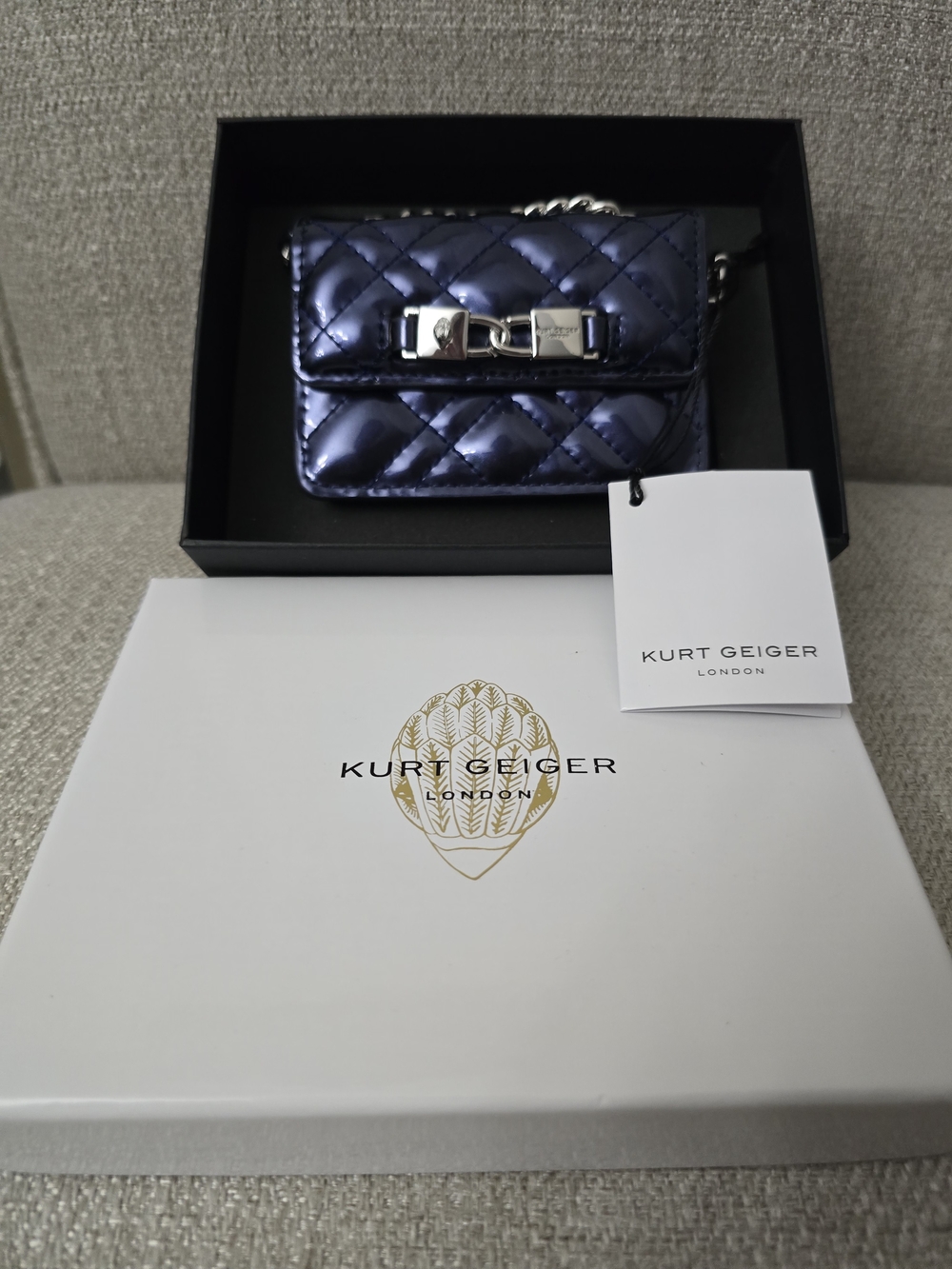 NWT Kurt Geiger London Micro Kingsley Quilted Crossbody Bag - Metallic Navy/Purp